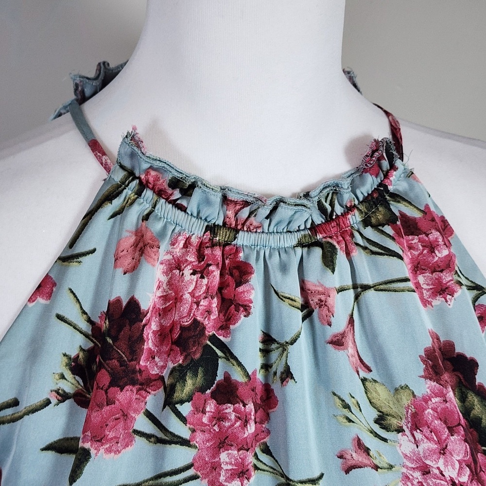 Floral Halter Top Womens Medium Satin Bubble Hem Blouse Romantic Prairie Cottage - Picture 3 of 15